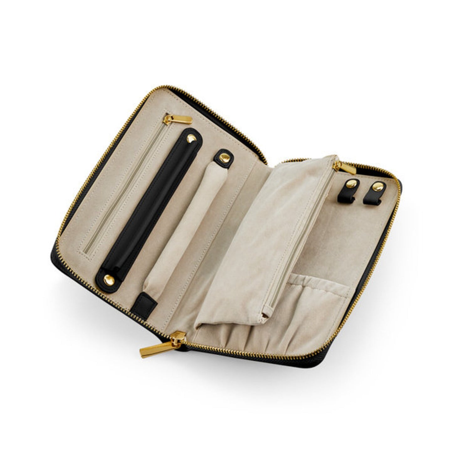 Inside Personalised jewellery travel case with gold initials on faux leather purse-style design