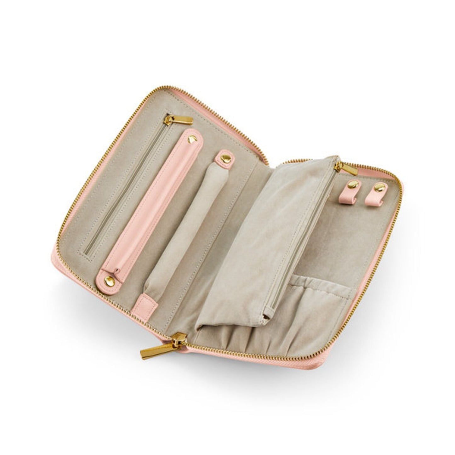 Inside Pink Personalised jewellery travel case with gold initials on faux leather purse-style design