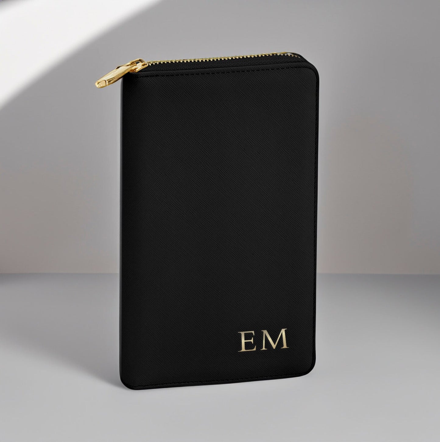 Black Personalised jewellery travel case with gold initials on faux leather purse-style design