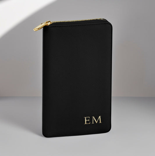 Black Personalised jewellery travel case with gold initials on faux leather purse-style design