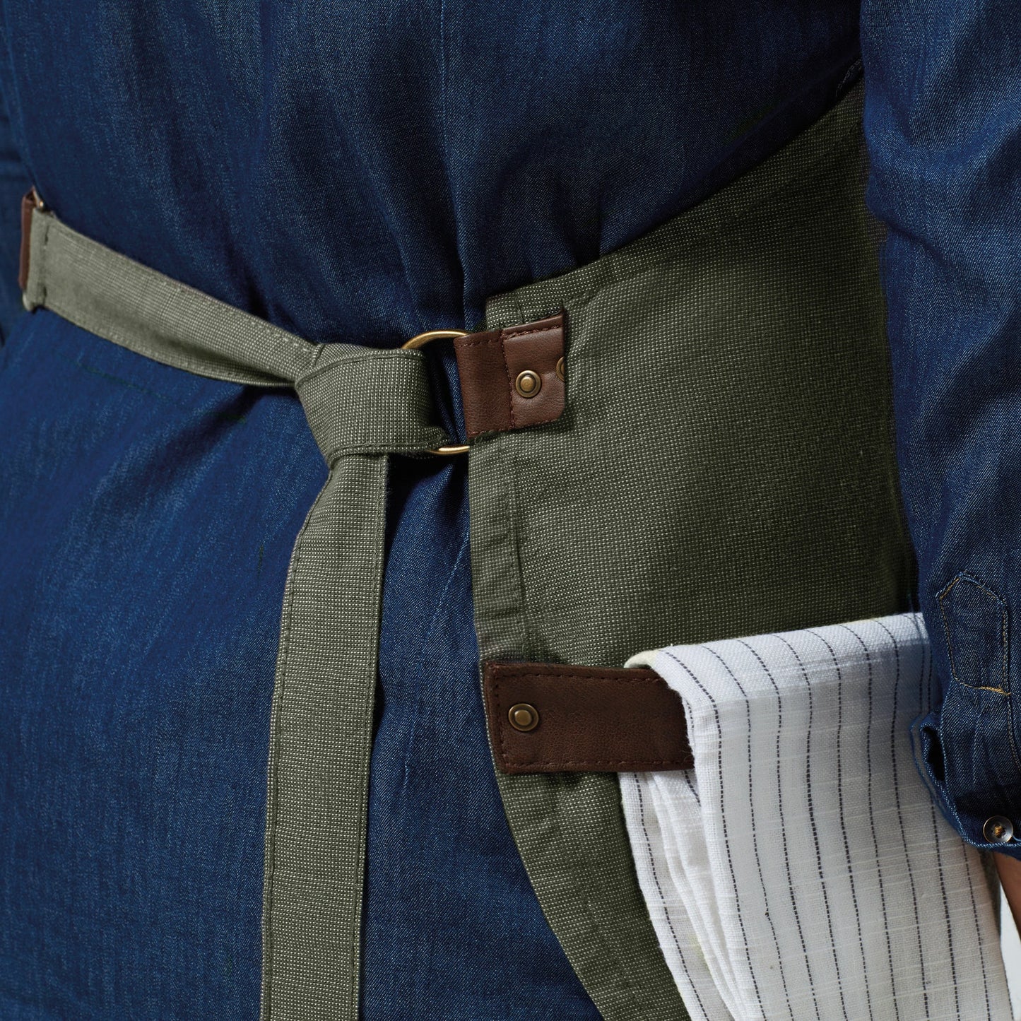 Faux leather detailing and structured cotton fabric close-up