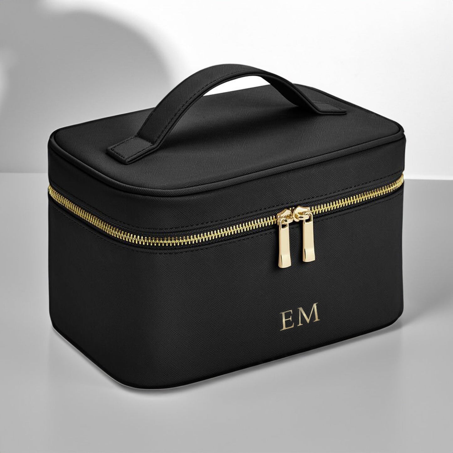 Black Personalised make up bag with monogram initials on soft faux leather