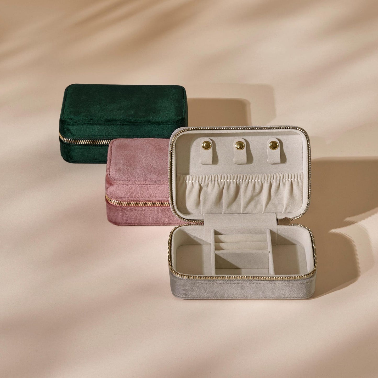 Travel-friendly compact jewellery box with soft-touch velvet finish