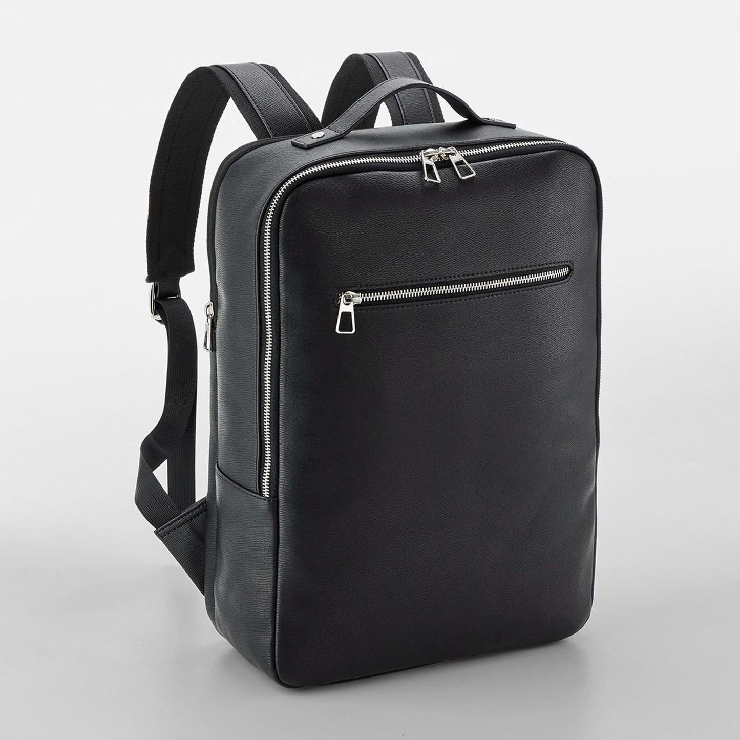 Front View Of Unisex personalised backpack with silver initials on leather-look finish