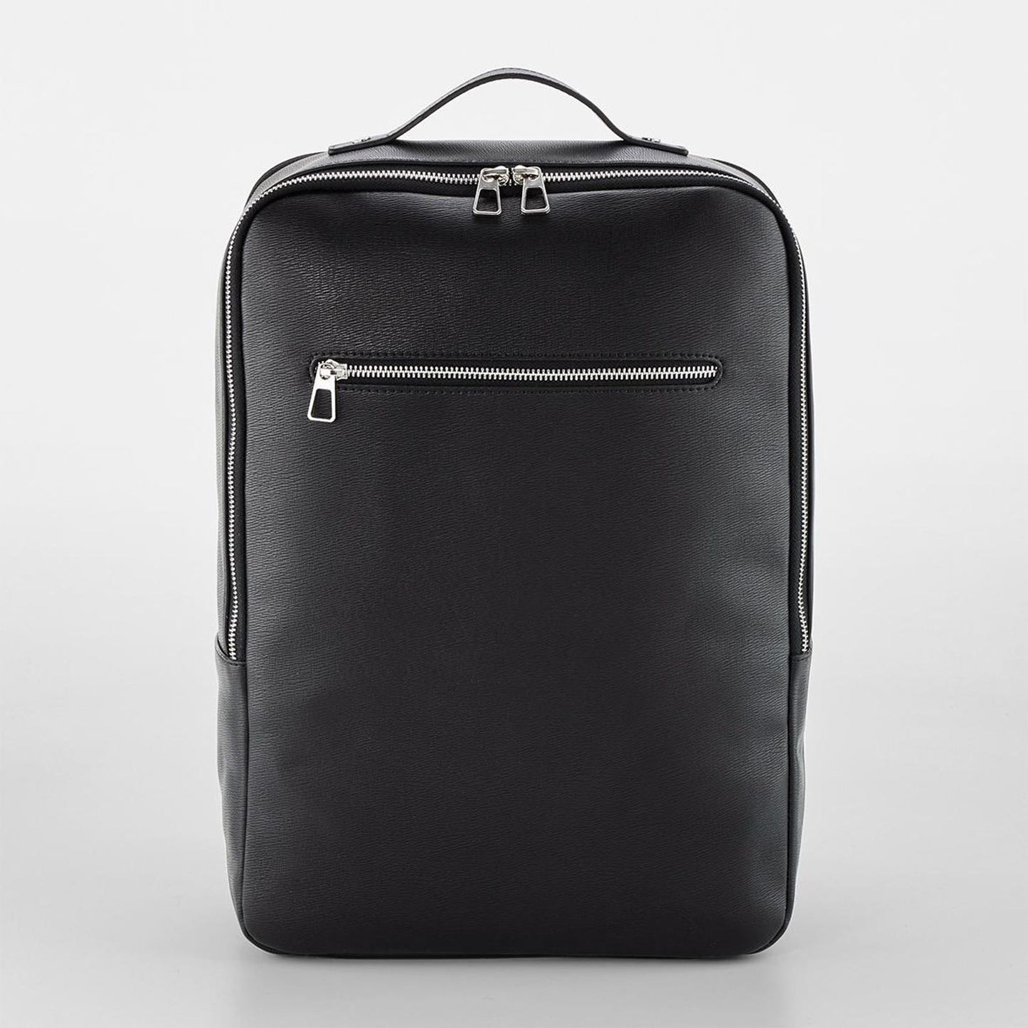Front View of a Unisex personalised backpack with silver initials on leather-look finish