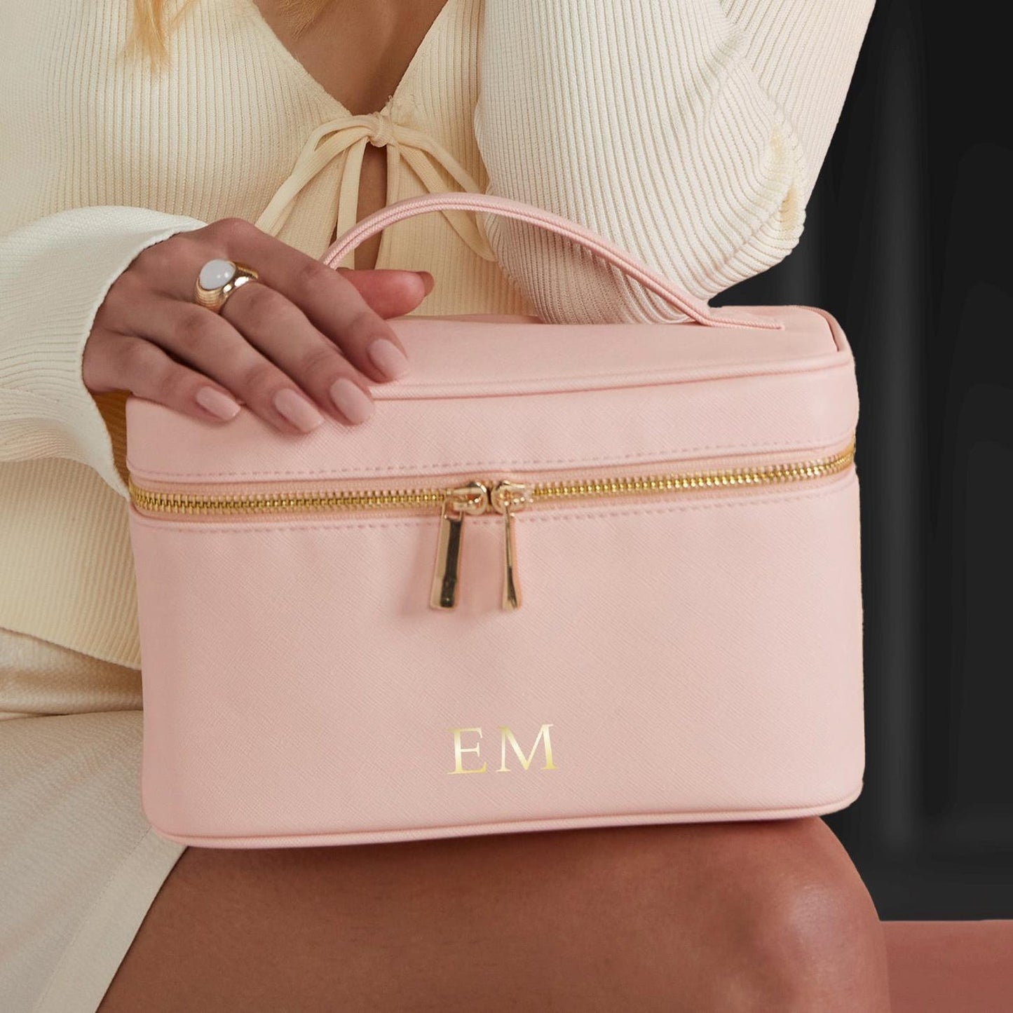 Initialled vanity case with gold monogram on faux leather exterior