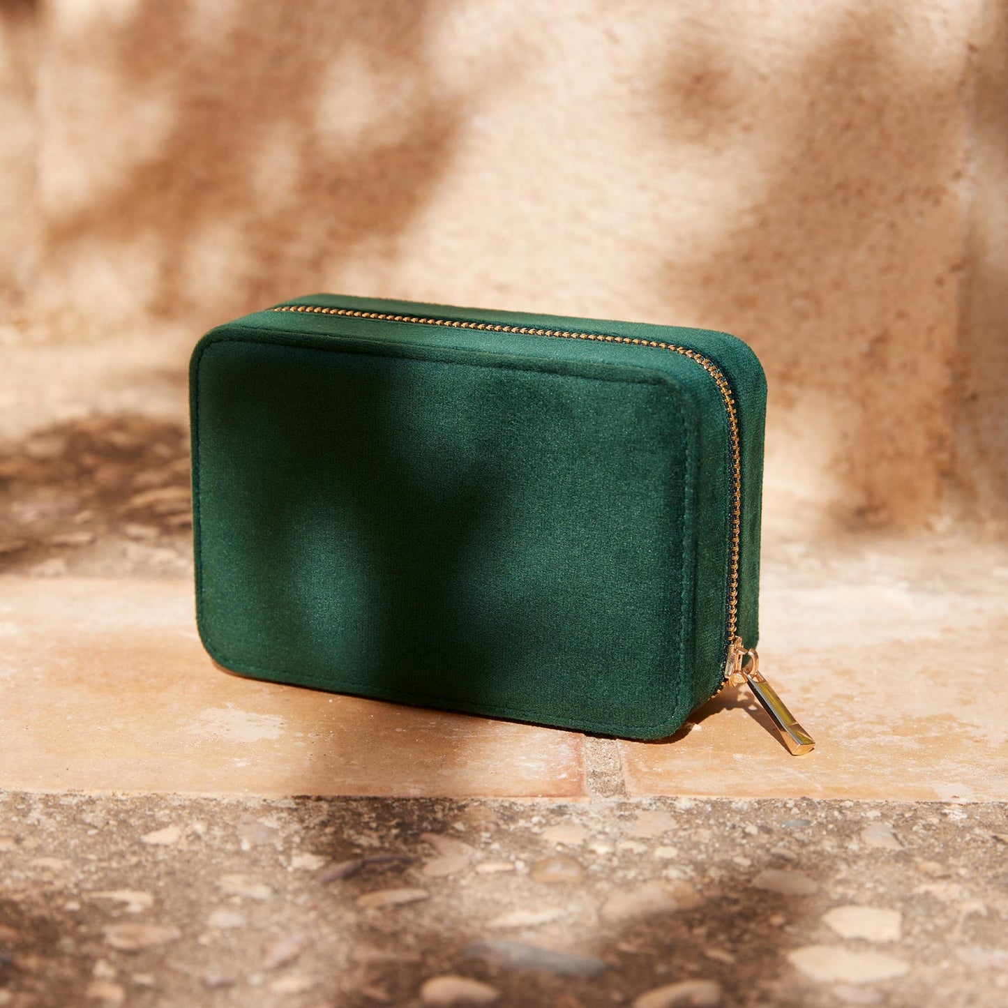 Sustainable velvet jewellery case styled on a dressing table