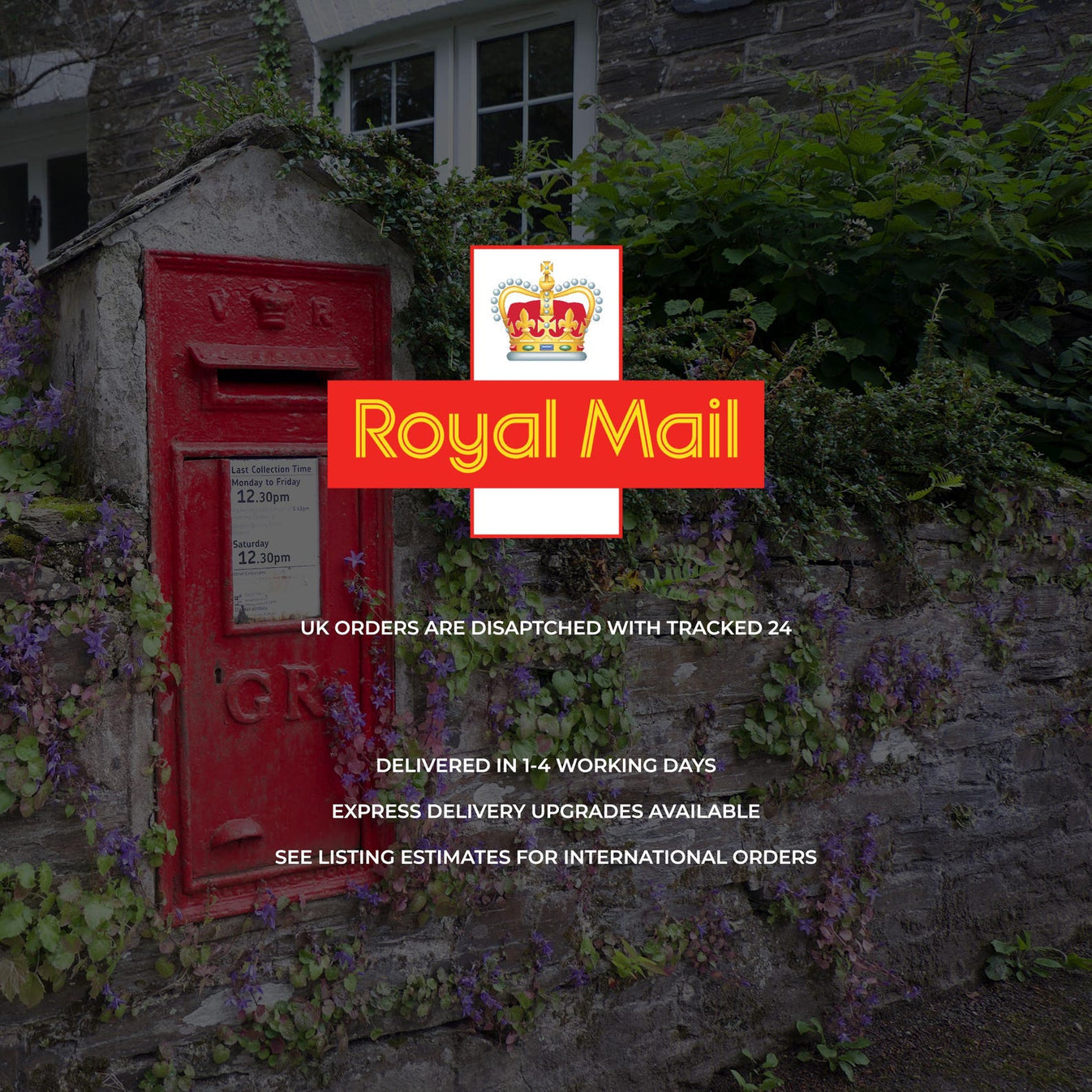 Traditional red Royal Mail postbox surrounded by flowers, with text overlay about tracked delivery and dispatch times for UK and international orders.