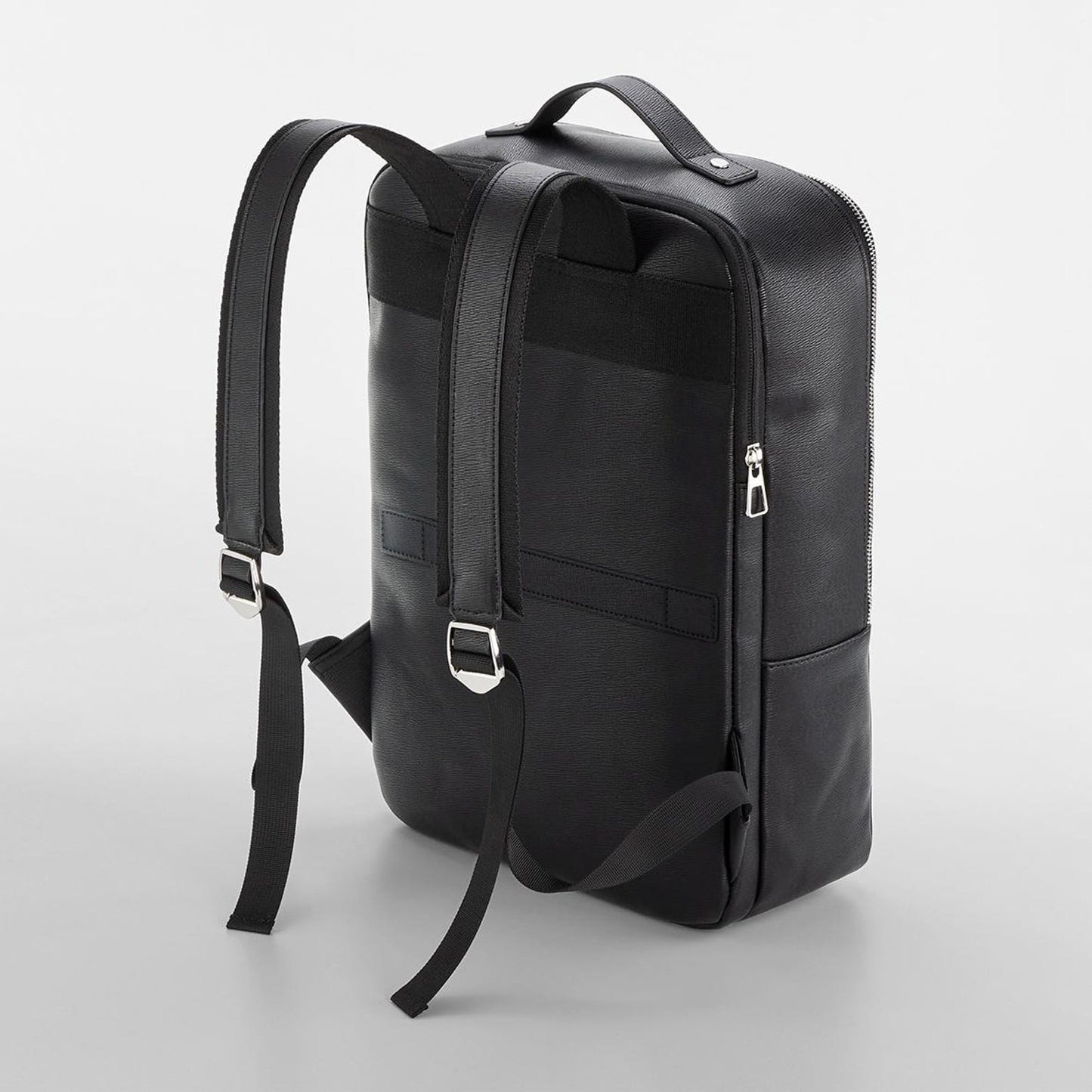 Back of Unisex personalised backpack with silver initials on leather-look finish