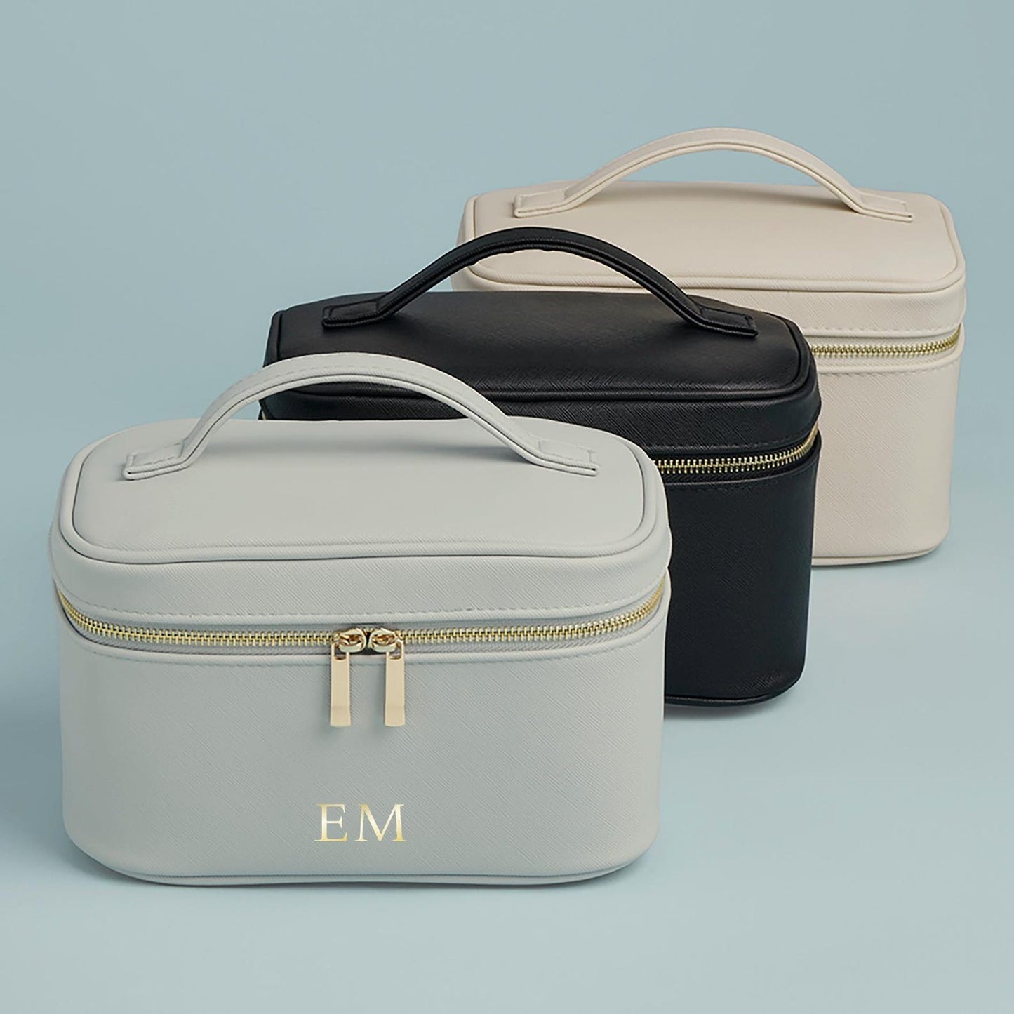 Personalised make up bag with monogram initials on soft faux leather