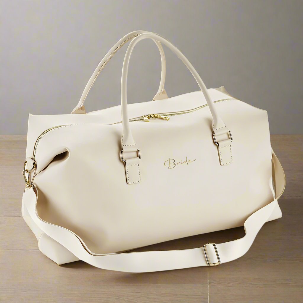 Bride personalised weekender bag with gold zip and name print