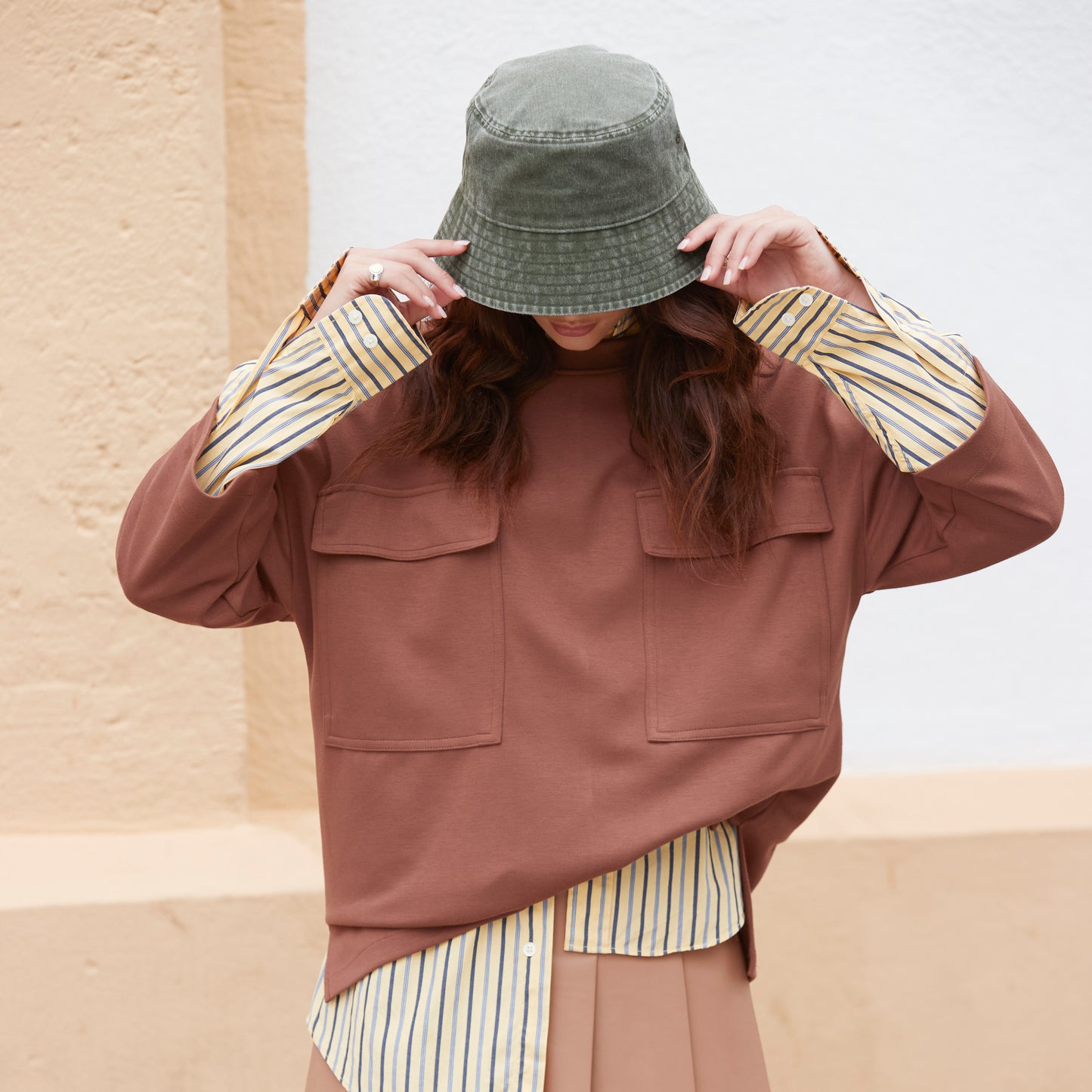 Vintage cotton bucket hat with wide brim in neutral colour