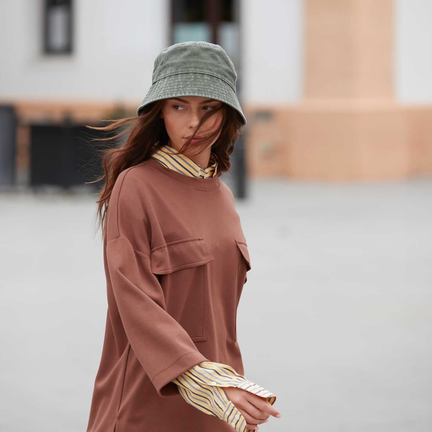 City walk wearing Vintage cotton bucket hat with wide brim in neutral colour