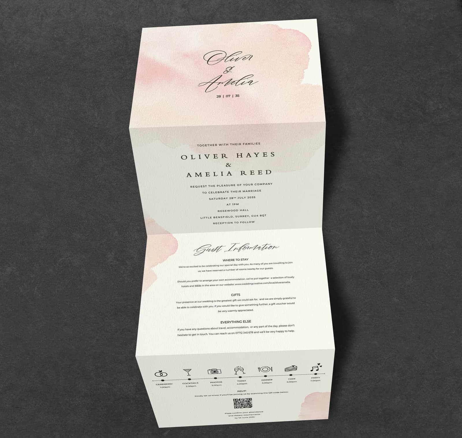 Pink Watercolour Concertina Invitation — invitation wedding stationery