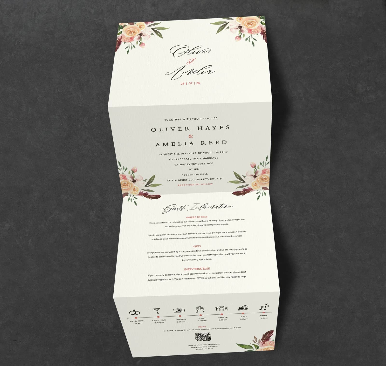 Rustic Floral Concertina Invitation — invitation wedding stationery