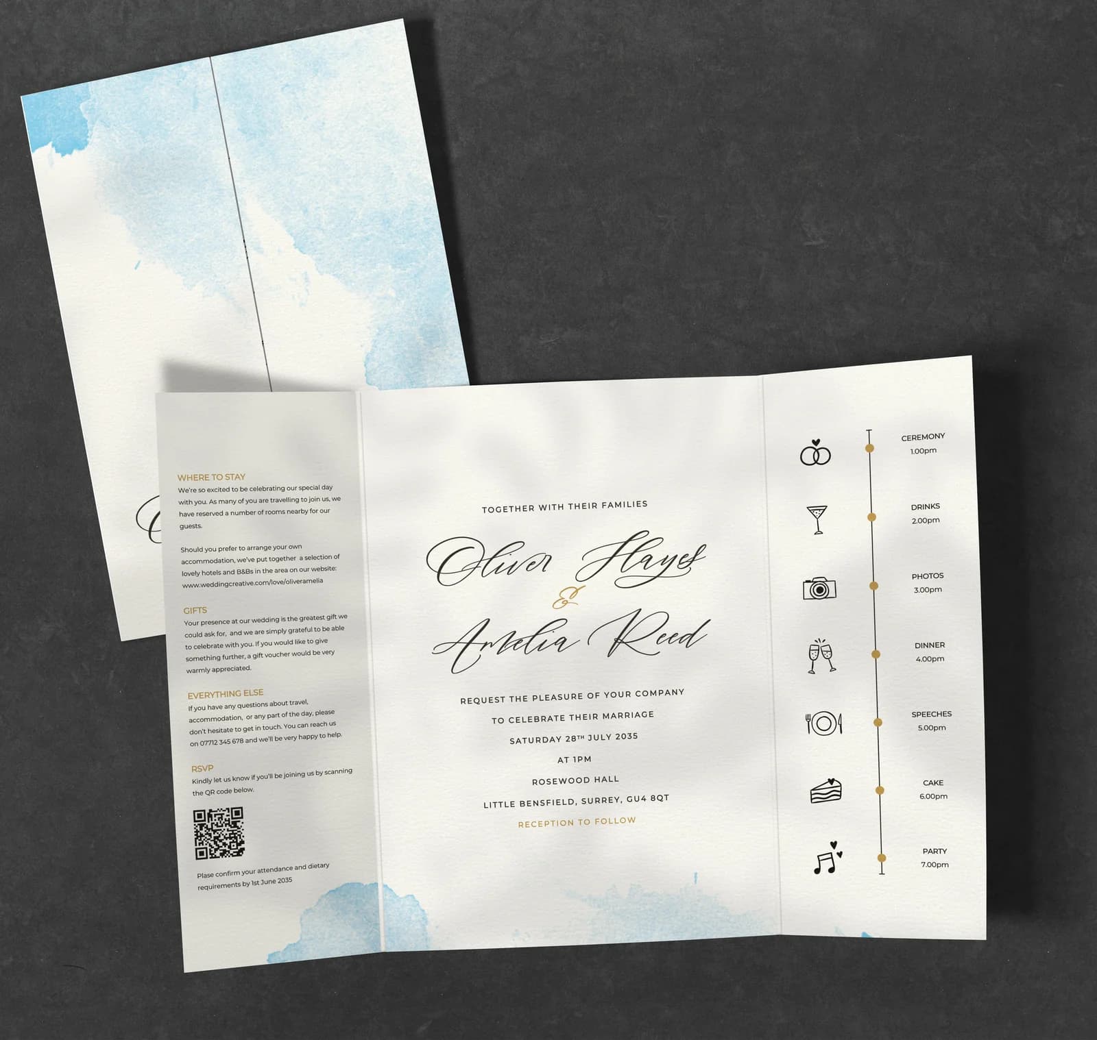Blue Watercolour Gatefold — invitation wedding stationery