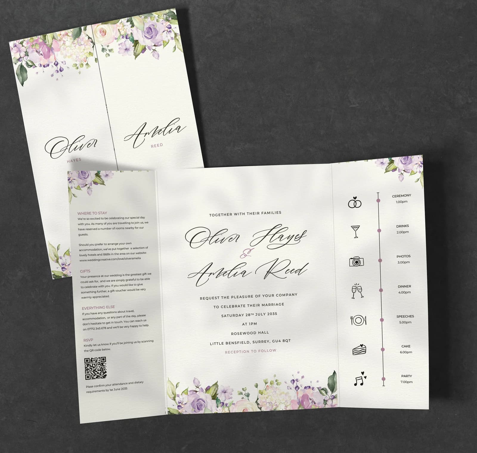 Lilac Floral Gatefold — invitation wedding stationery