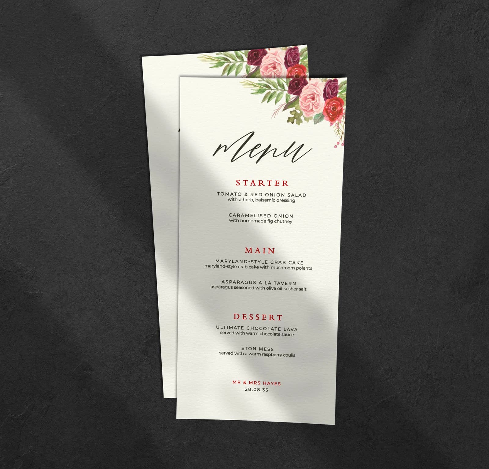 Burgundy Watercolour Menu — on the day wedding stationery