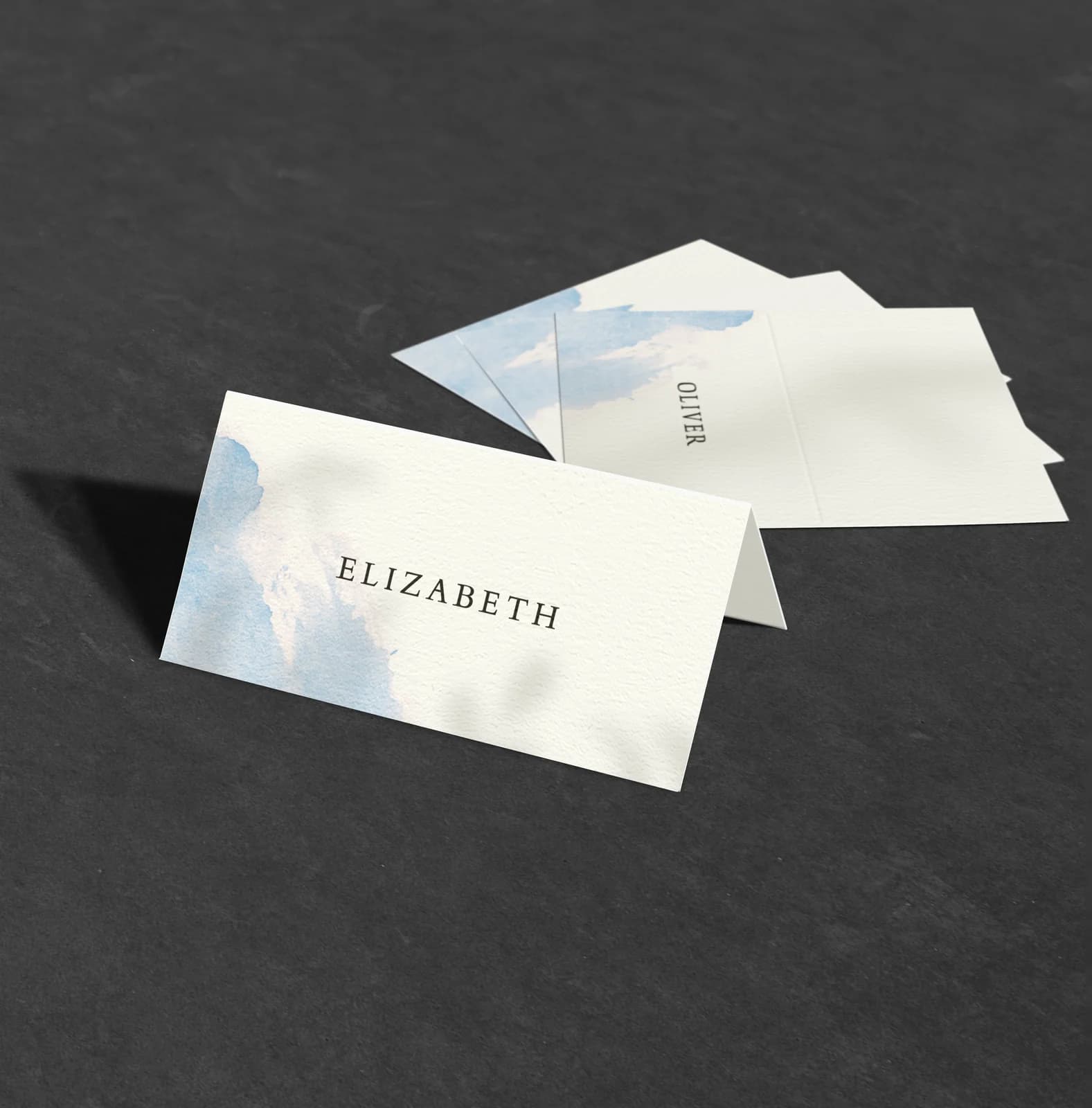 Blue Watercolour Place Card — on the day wedding stationery