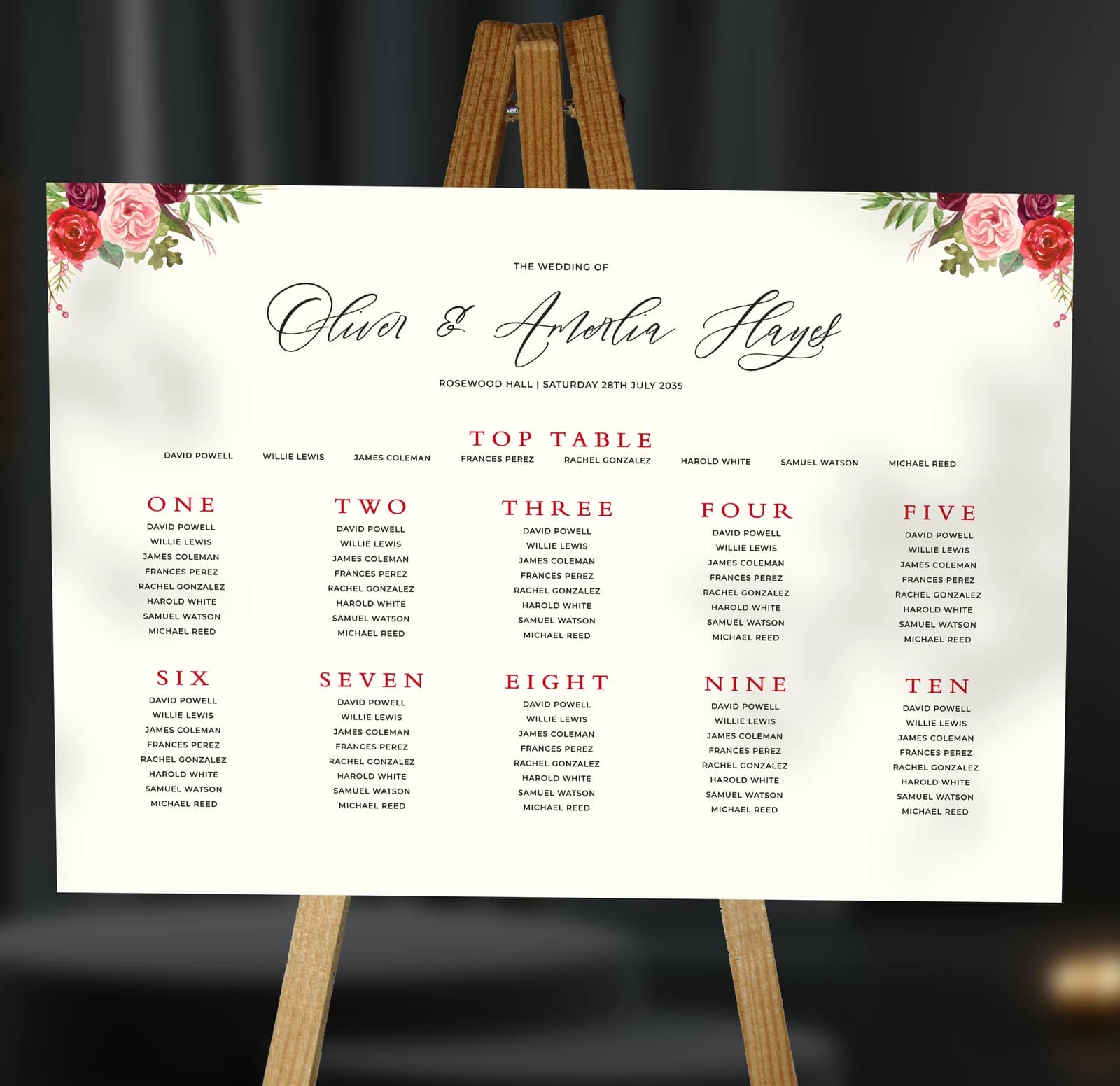 Burgundy Flowers Table Plan — on the day wedding stationery