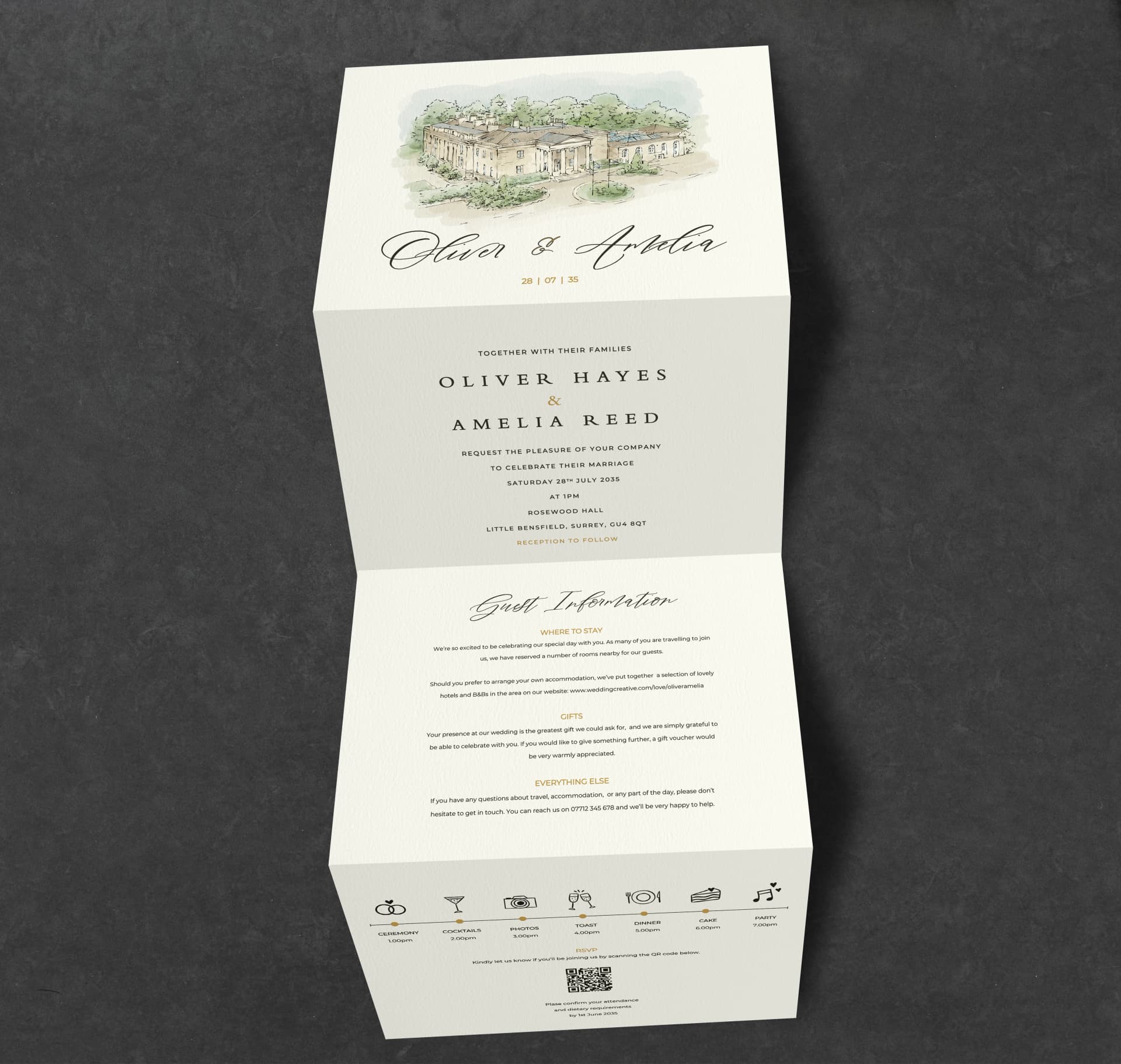 Classic Venue Illustration Concertina Invitation — invitation wedding stationery