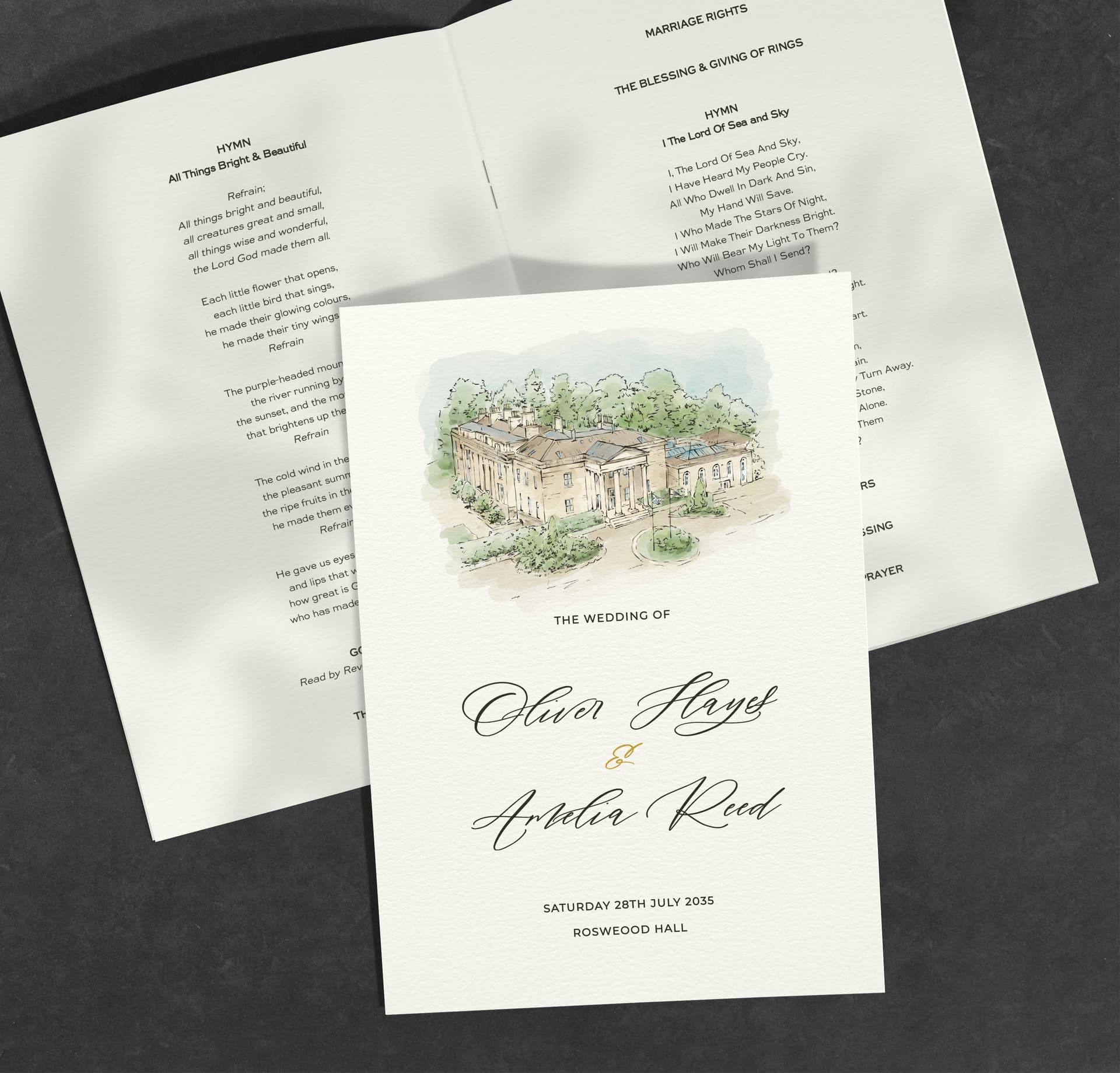 Classic Venue Illustration Order of Service — on the day wedding stationery
