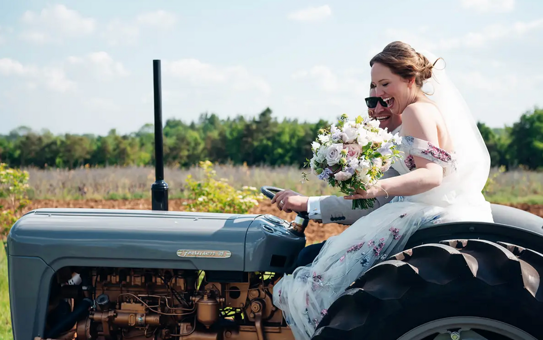bride and groom in tractor