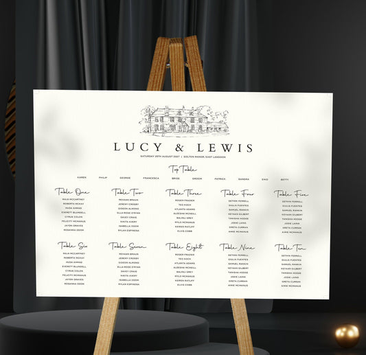 Elegant wedding table plan featuring a hand-drawn venue sketch and guest seating layout, displayed on a wooden easel against a dark curtain backdrop.