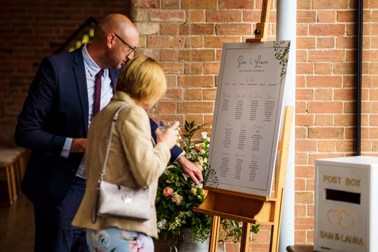 Guests looking at a table plan at a wedding