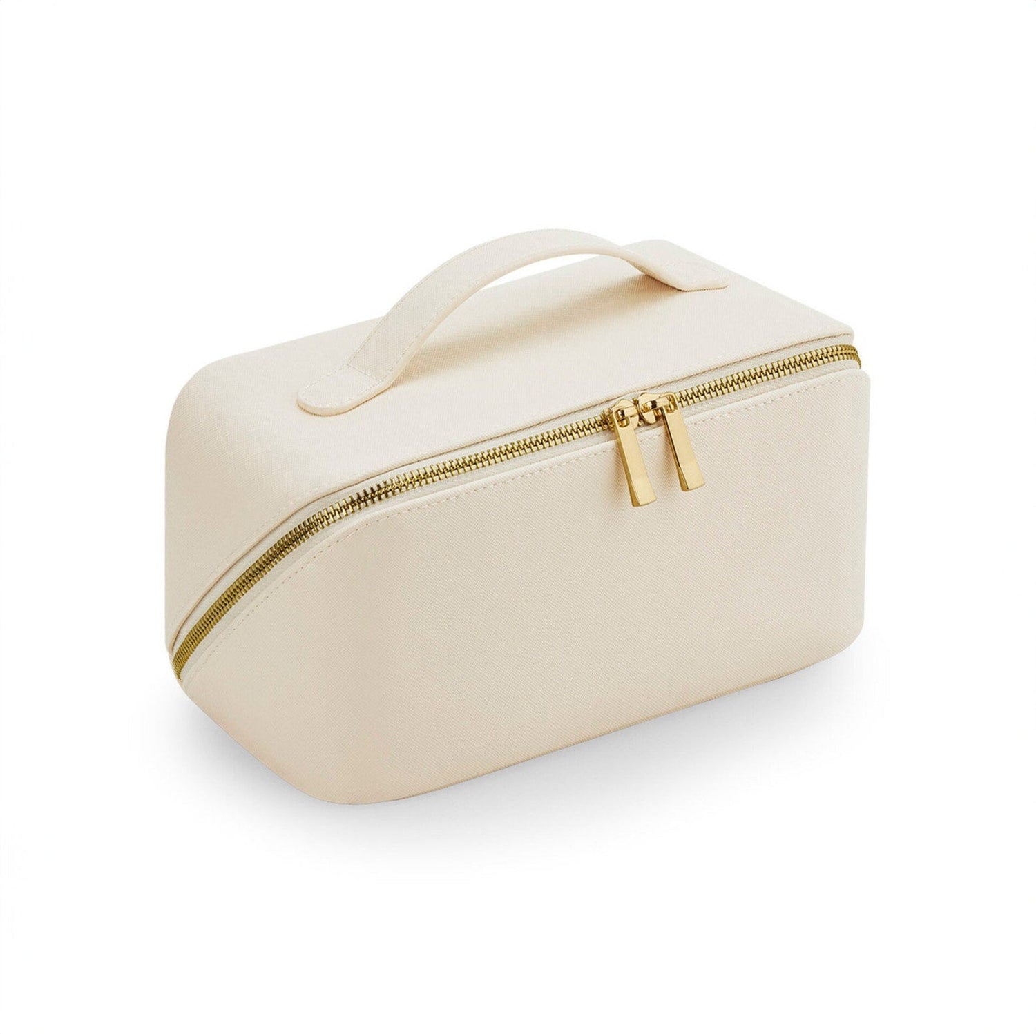 cream colour cosmetic case with gold zip against a white studio background