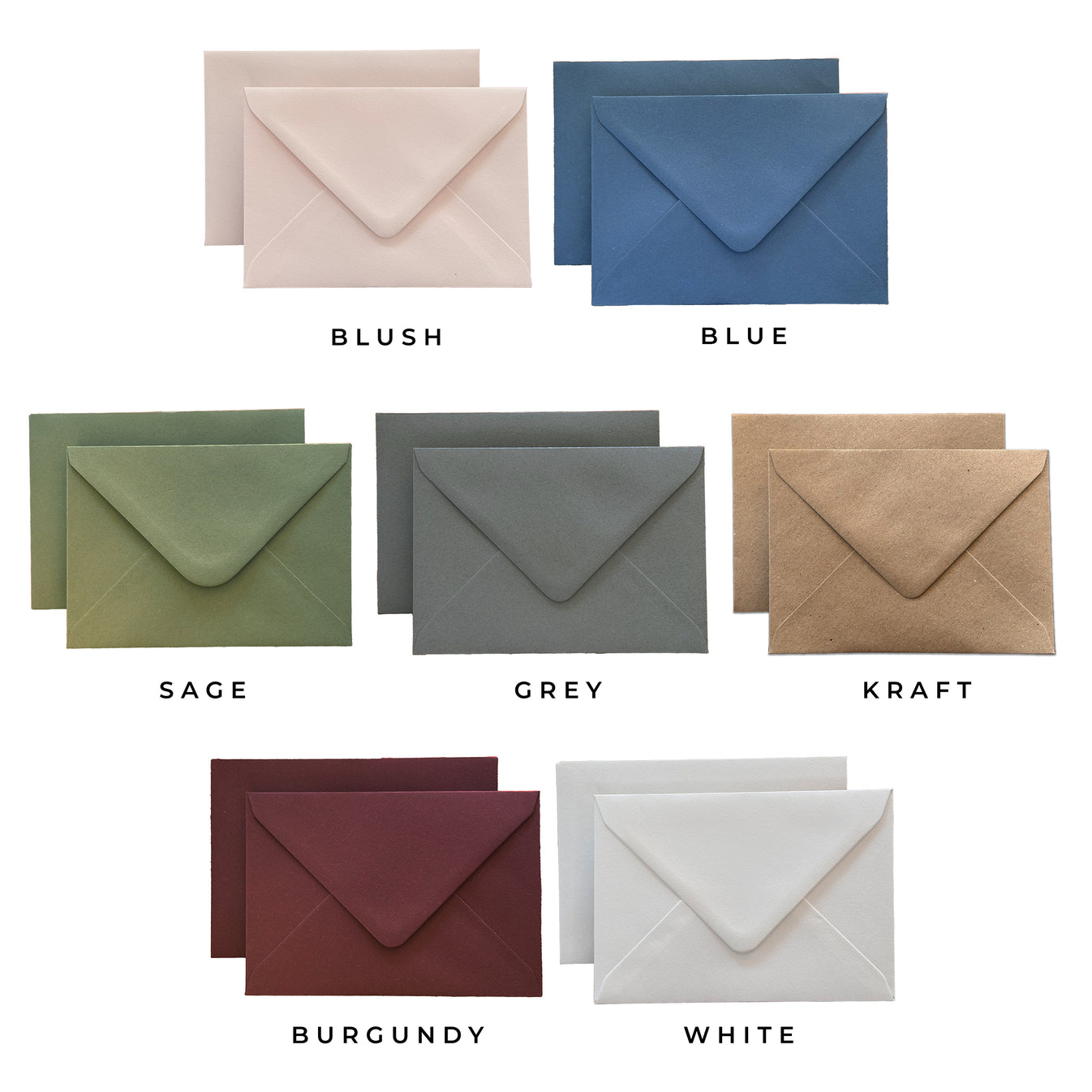 Catalogue image of envelope colour options for wedding stationery, showing Blush, Blue, Sage, Grey, Kraft, Burgundy, and White envelopes with diamond flaps