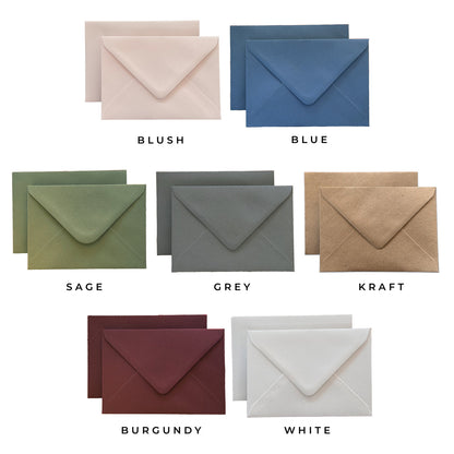 Catalogue image of envelope colour options for wedding stationery, showing Blush, Blue, Sage, Grey, Kraft, Burgundy, and White envelopes with diamond flaps
