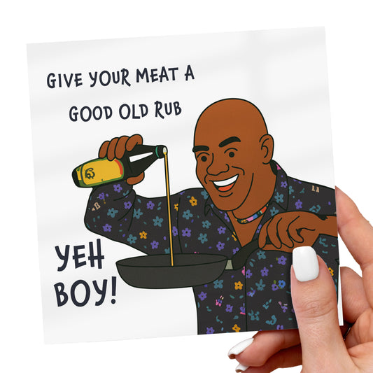 Give Your Meat A Good Old Rub Card card being held outdoors, showing front design clearly.