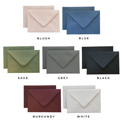 Envelope colour guide for venue illustration thank you cards – white, blush, sage, burgundy, blue, grey, black