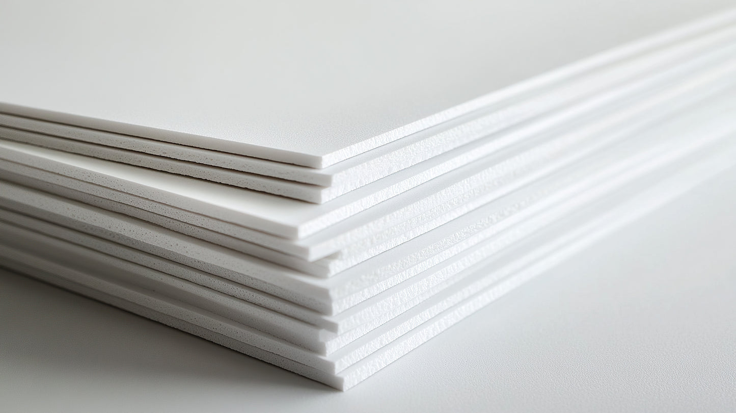 Stack of white foam board sheets, used for mounting printed signs such as wedding seating plans and display boards.