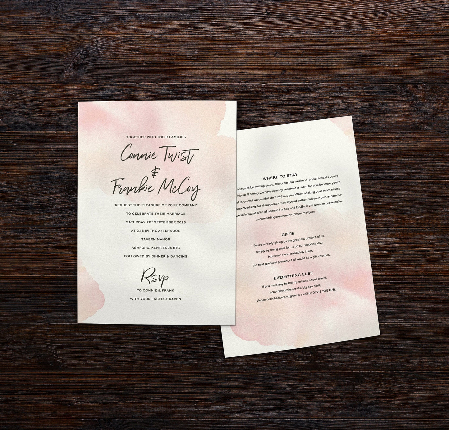 Blush Watercolour Single Card Wedding Invitations