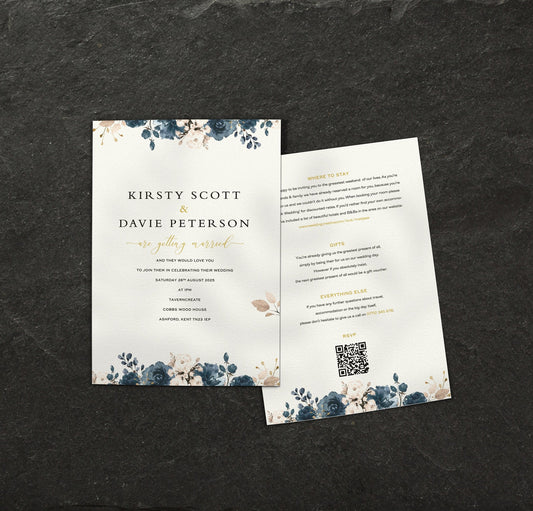 Blue Floral Single Card Wedding Invitations
