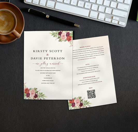 Burgundy Flowers Single Card Wedding Invitations