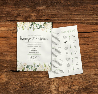 White Roses Single Card Wedding Invitations