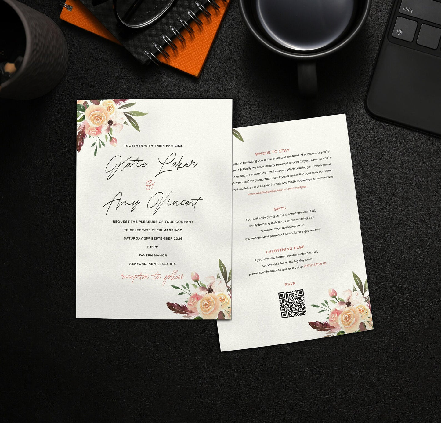 Rustic Floral Single Card Wedding Invitations