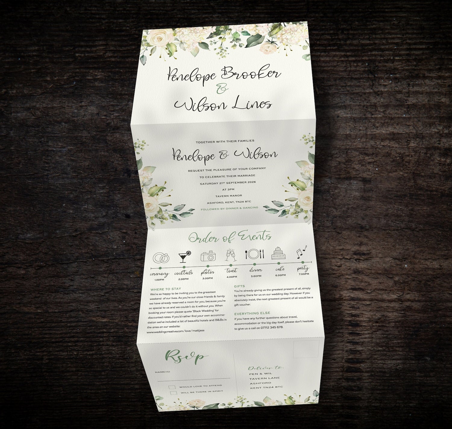 green and white floral design all in one concertina wedding invitations flat lay on a styled surface