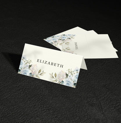 Personalised Blue Roses Wedding Place Cards – Folded Name Cards