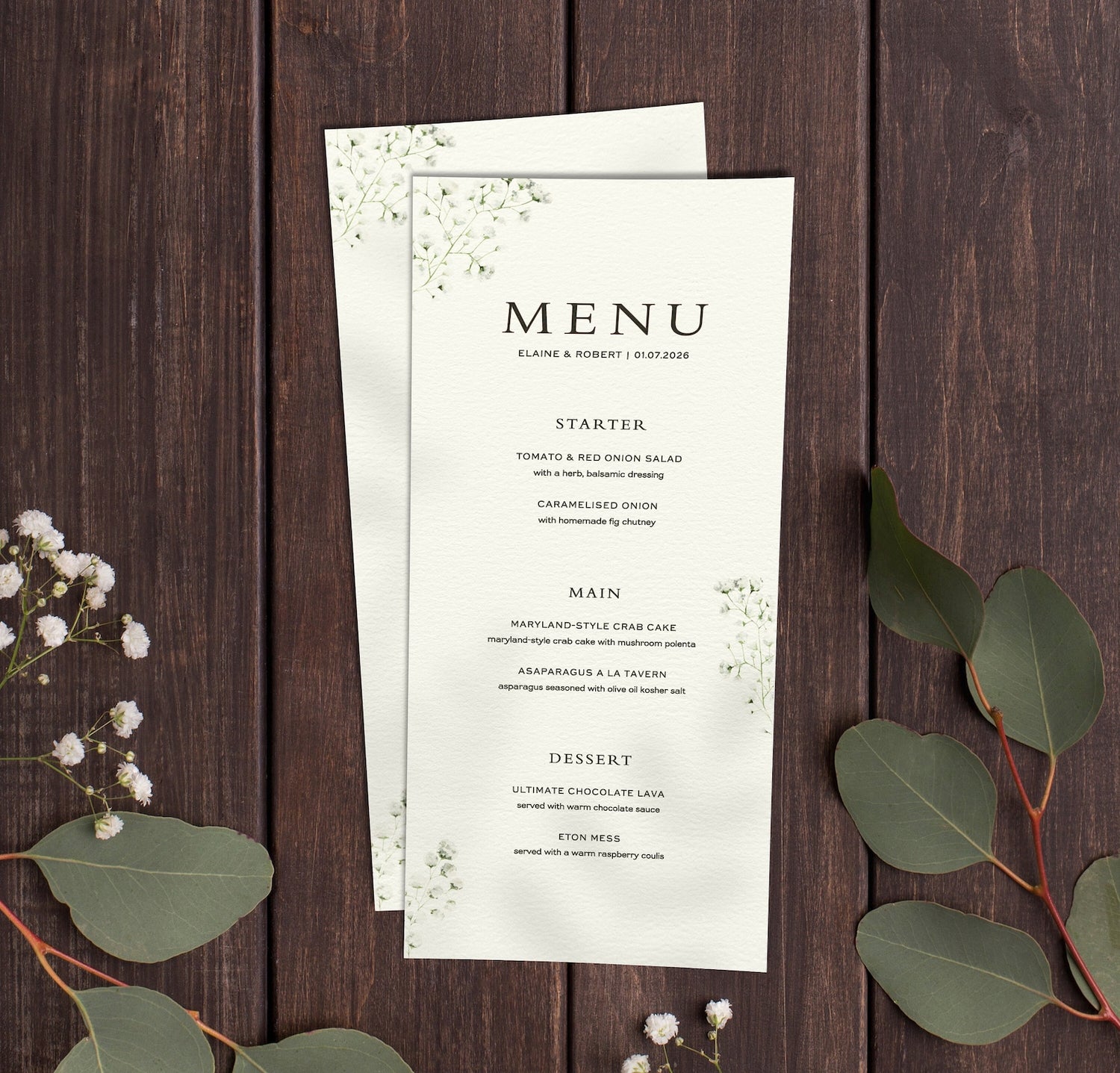 Country Wedding Menu on wooden background with eucalyptus leaves and baby's breath 