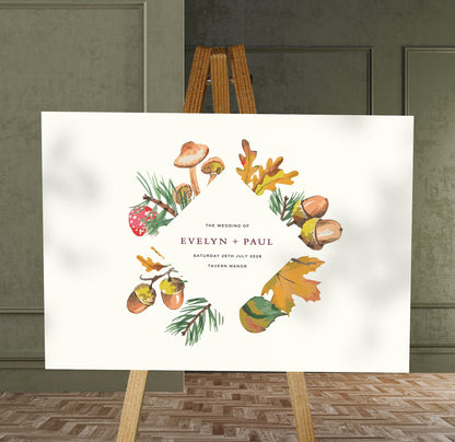 mushroom woodland brown A1 welcome sign board on a brown easel in a wedding venue room with stylish decor