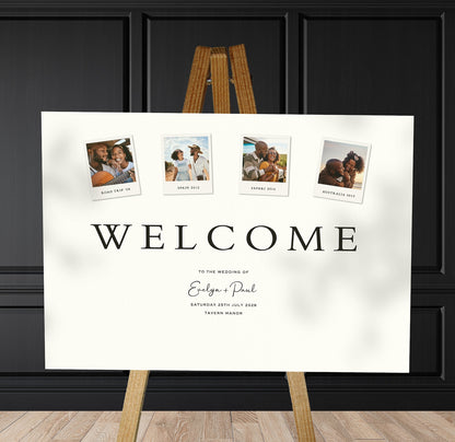4 photo A1 welcome sign board on a brown easel in a wedding venue room with stylish decor