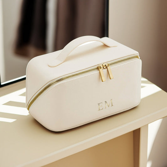 Personalised vanity bag with metallic monogram initials on structured faux leather