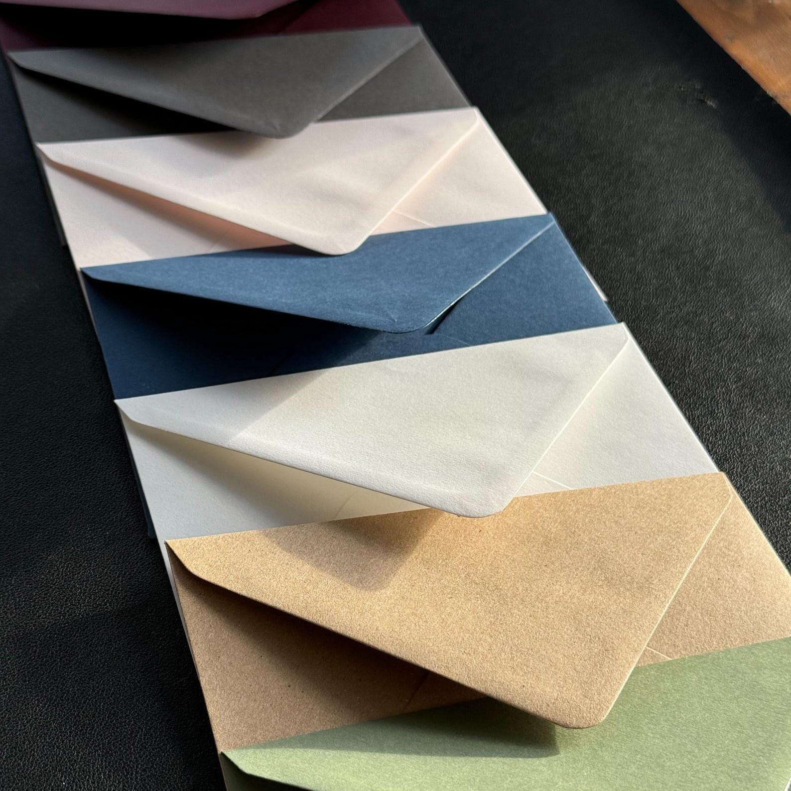 Envelope colour chart for Christmas wedding thank you cards – burgundy, white, blush, sage, grey, blue, black
