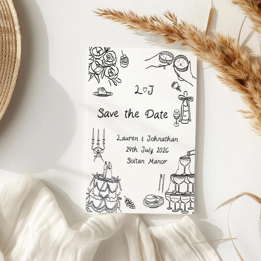 Illustrated Save the Date Card – Black and White A6 Wedding Announcement