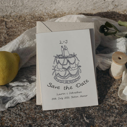 Wedding Cake Save the Date – Illustrated A6 Card for Modern Couples