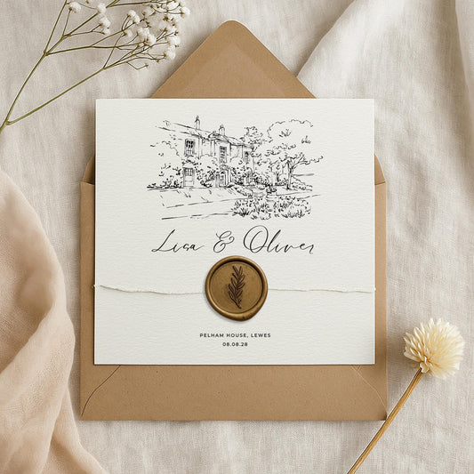Square Venue Sketch Wallet Invitation – Wax Seal, Kraft Envelope, Deckled Edge or Straight Edge Wedding Invite – Custom Illustration